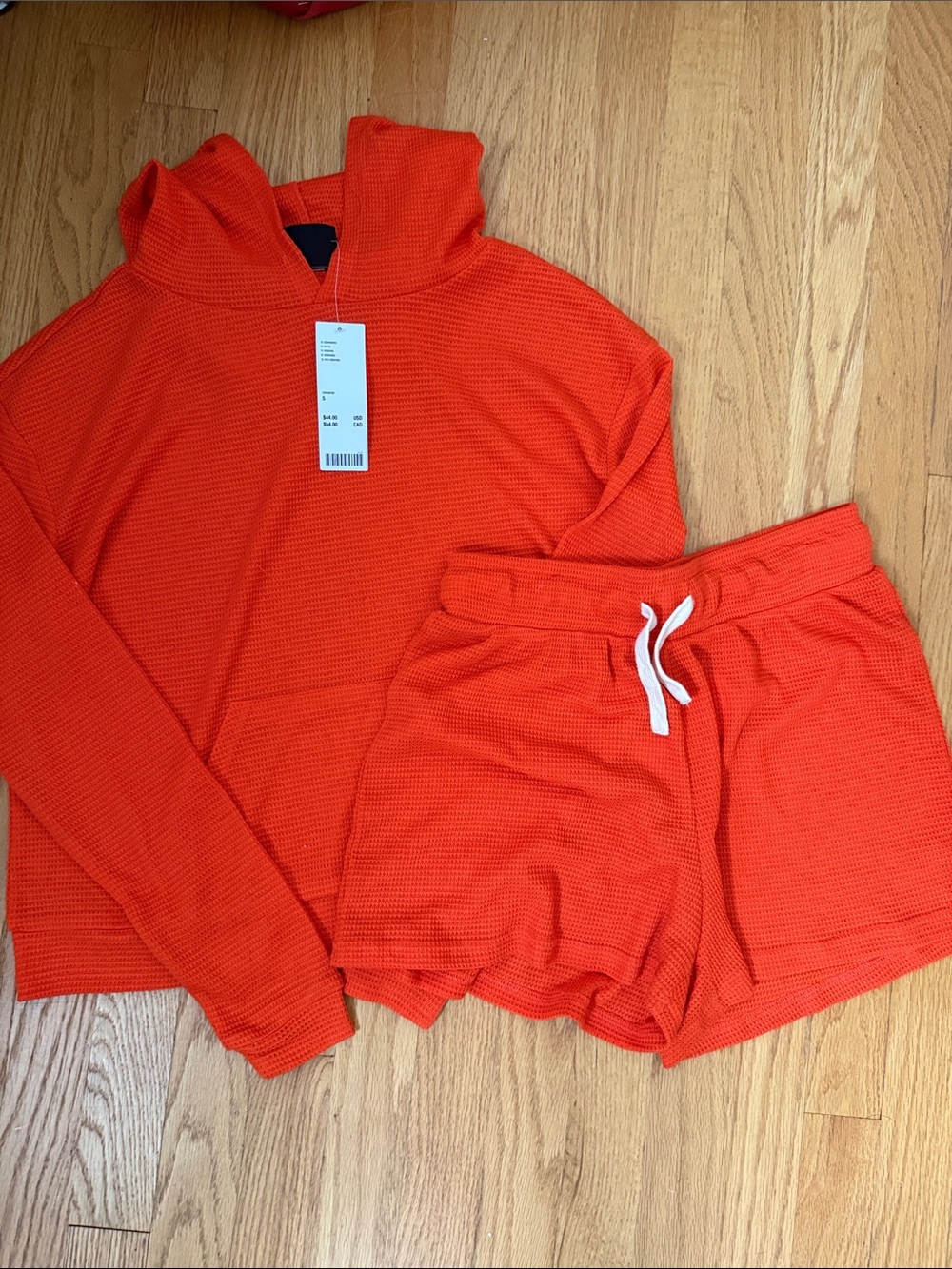 Urban Outfitters Orange Waffle-Knit Hooded Top & Drawstring Shorts Set